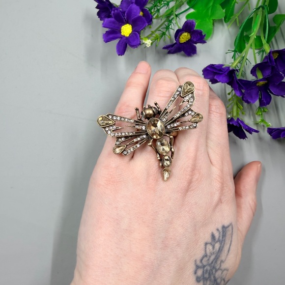 Vintage Gold Crystal Dragonfly Cocktail Statement Ring - Picture 2 of 7